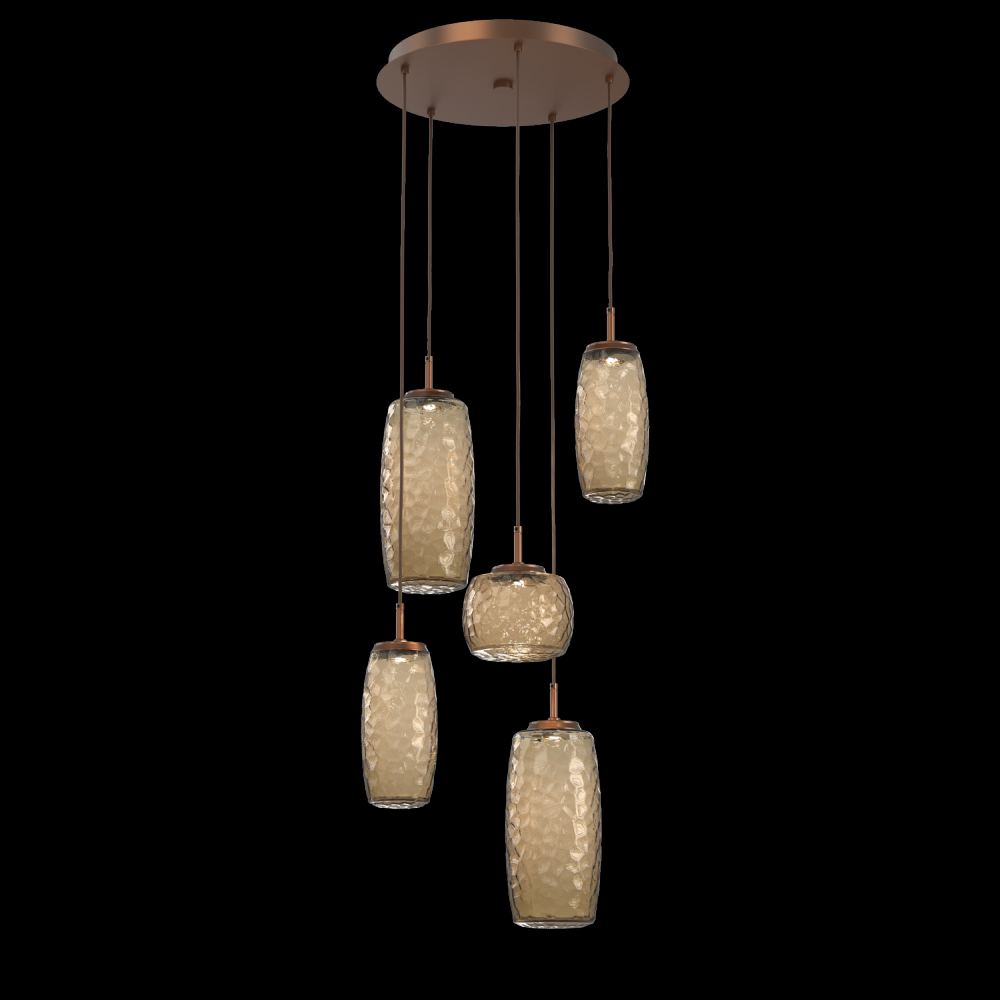 Vessel 5pc Round Multi-Pendant-Burnished Bronze-Bronze Blown Glass-Cloth Braided Cord-LED 3000K