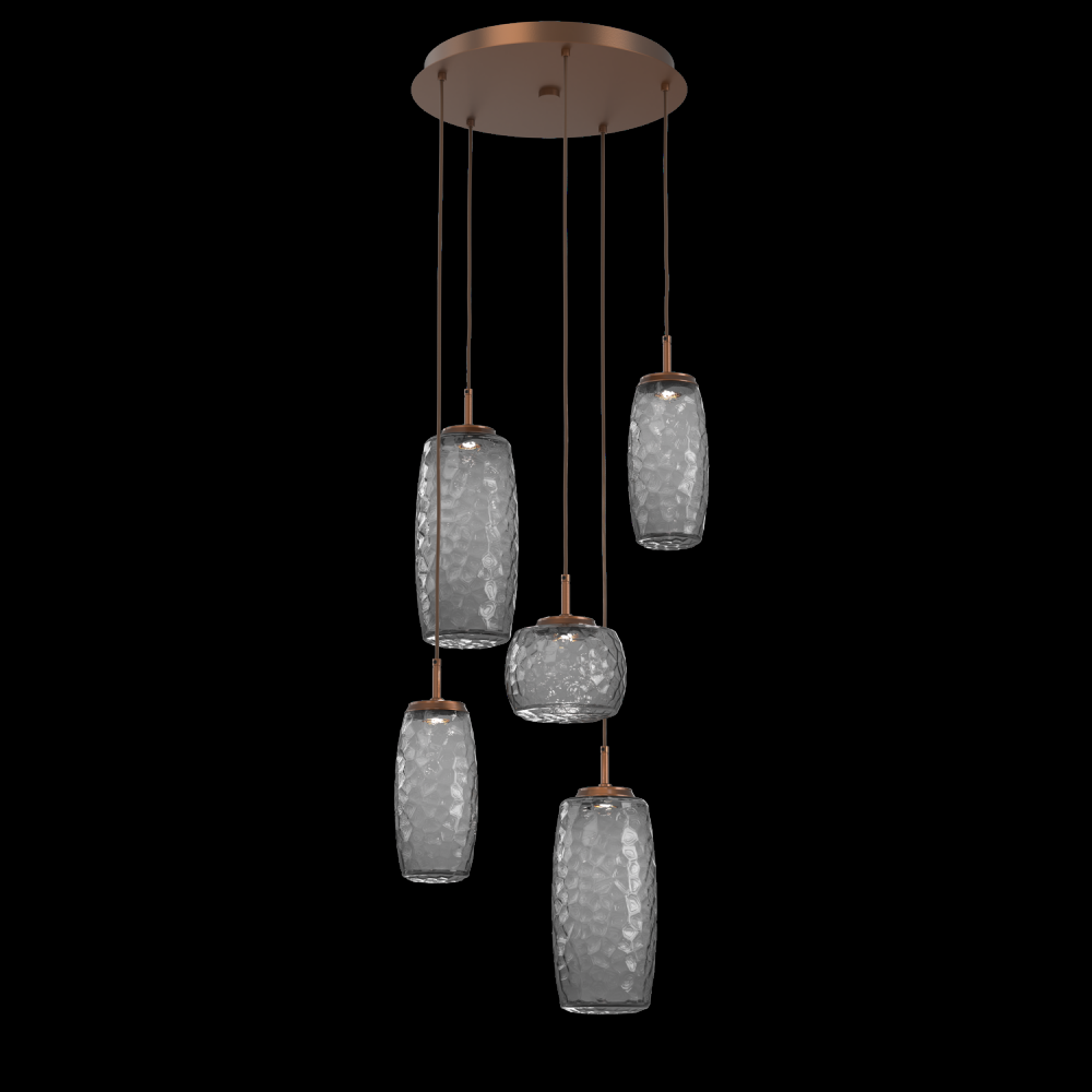 Vessel 5pc Round Multi-Pendant-Burnished Bronze-Smoke Blown Glass-Cloth Braided Cord-LED 3000K