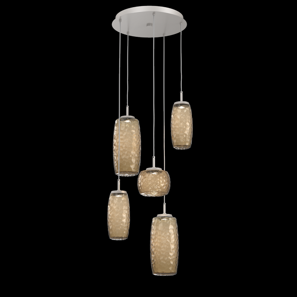 Vessel 5pc Round Multi-Pendant-Beige Silver-Bronze Blown Glass-Cloth Braided Cord-LED 3000K