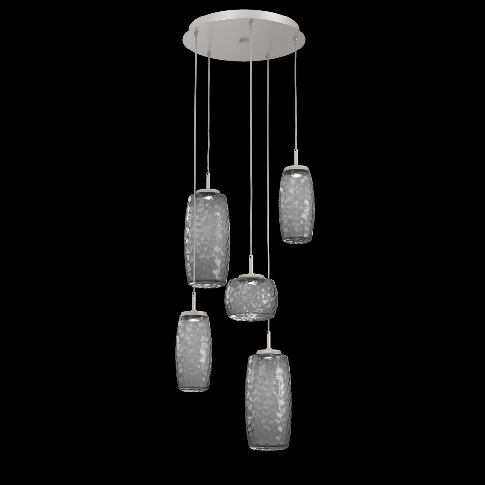 Vessel 5pc Round Multi-Pendant-Beige Silver-Smoke Blown Glass-Cloth Braided Cord-LED 3000K