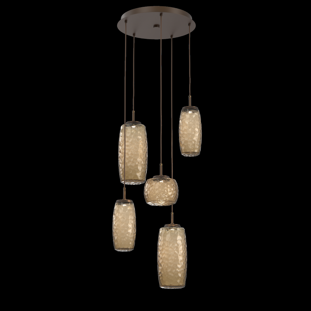 Vessel 5pc Round Multi-Pendant-Flat Bronze-Bronze Blown Glass-Cloth Braided Cord-LED 3000K