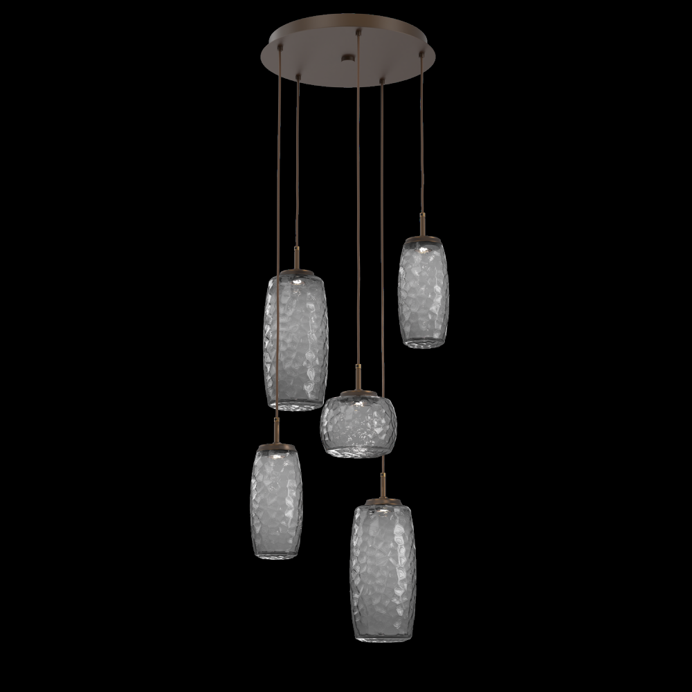 Vessel 5pc Round Multi-Pendant-Flat Bronze-Smoke Blown Glass-Cloth Braided Cord-LED 3000K