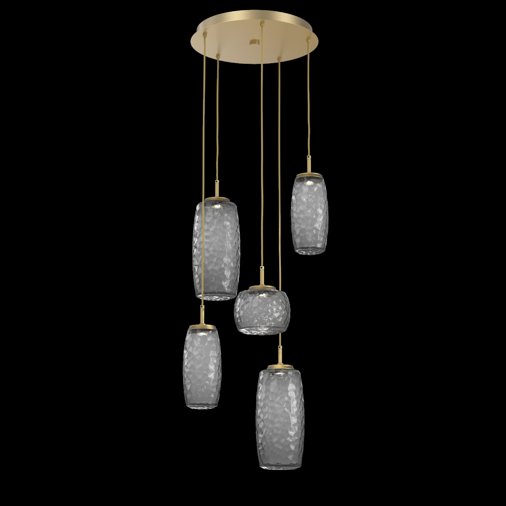 Vessel 5pc Round Multi-Pendant-Gilded Brass-Smoke Blown Glass-Cloth Braided Cord-LED 3000K