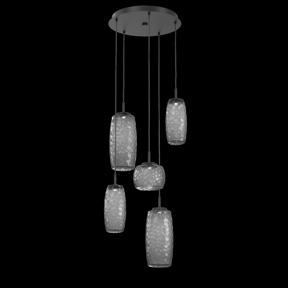 Vessel 5pc Round Multi-Pendant-Matte Black-Smoke Blown Glass-Cloth Braided Cord-LED 3000K