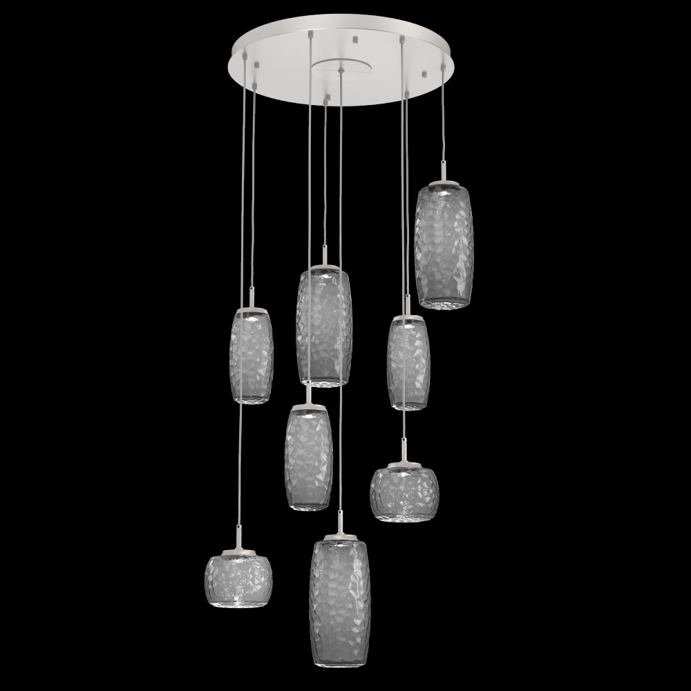 Vessel 8pc Round Multi-Pendant-Beige Silver-Smoke Blown Glass-Cloth Braided Cord-LED 3000K