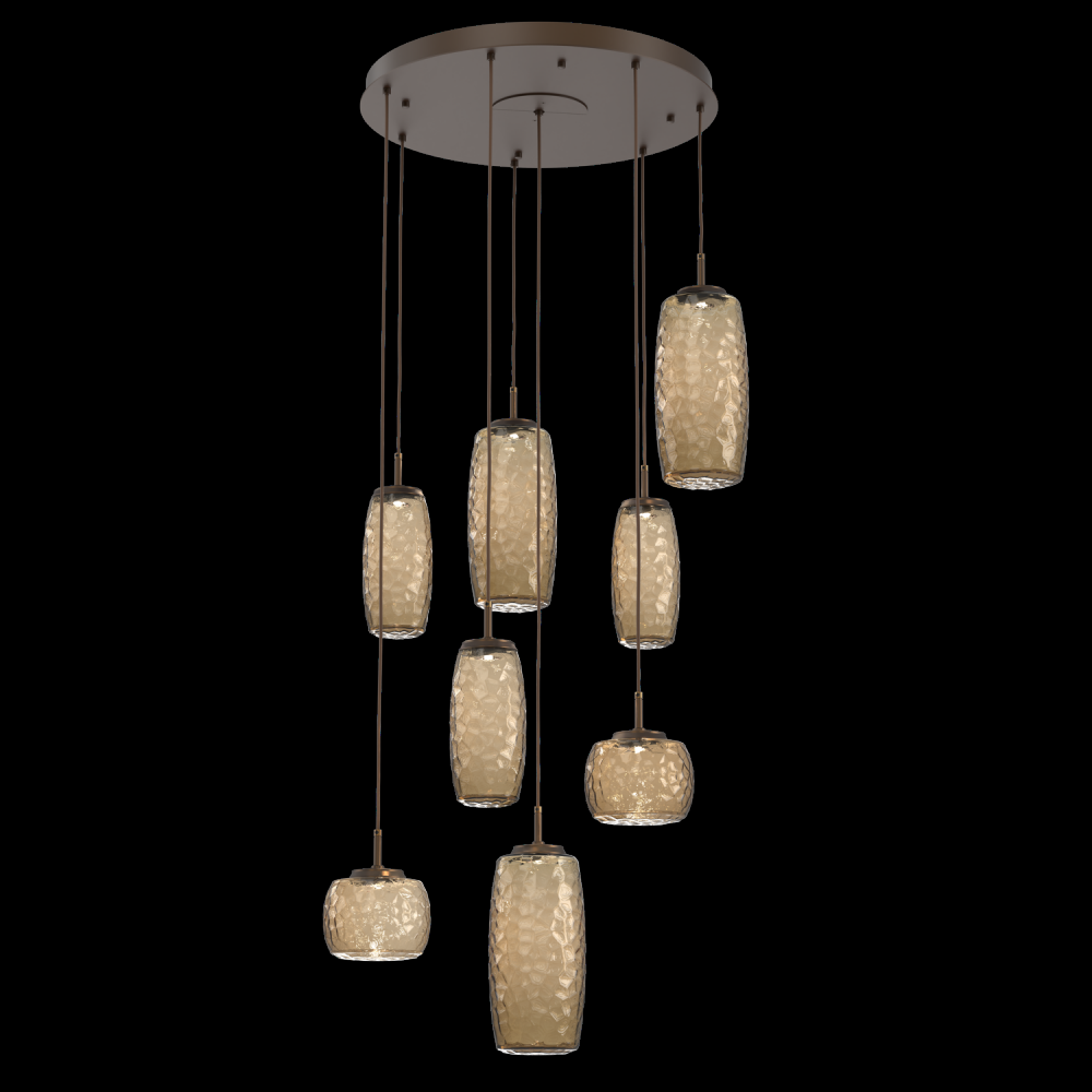 Vessel 8pc Round Multi-Pendant-Flat Bronze-Bronze Blown Glass-Cloth Braided Cord-LED 3000K