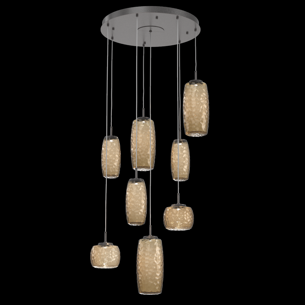 Vessel 8pc Round Multi-Pendant-Graphite-Bronze Blown Glass-Cloth Braided Cord-LED 3000K