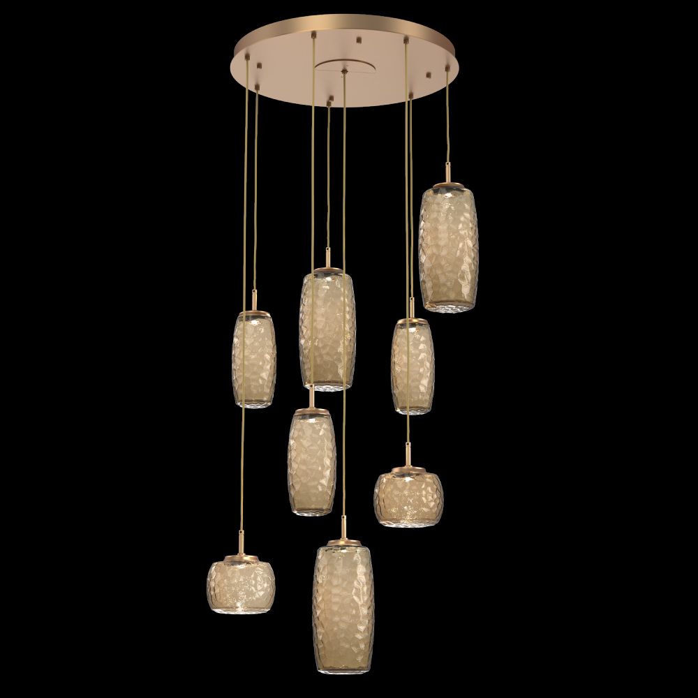 Vessel 8pc Round Multi-Pendant-Novel Brass-Bronze Blown Glass-Cloth Braided Cord-LED 2700K