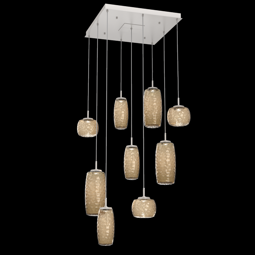 Vessel 9pc Square Multi-Pendant-Beige Silver-Bronze Blown Glass-Cloth Braided Cord-LED 3000K