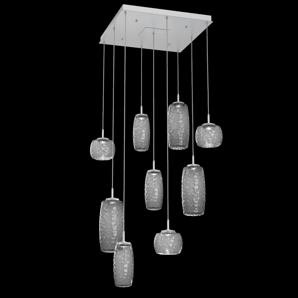 Vessel 9pc Square Multi-Pendant-Classic Silver-Smoke Blown Glass-Cloth Braided Cord-LED 3000K