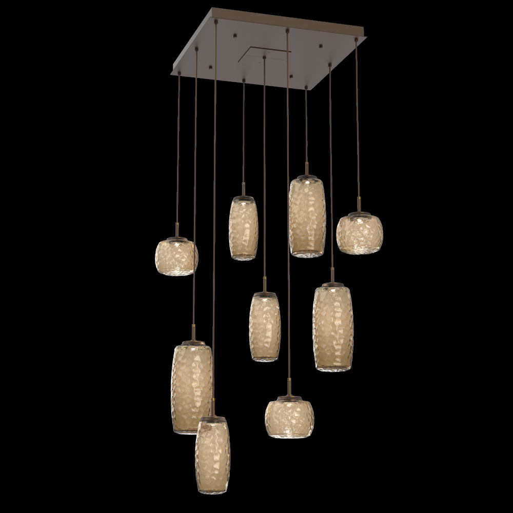 Vessel 9pc Square Multi-Pendant-Flat Bronze-Bronze Blown Glass-Cloth Braided Cord-LED 3000K