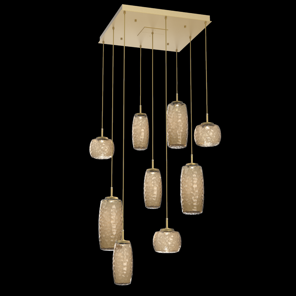 Vessel 9pc Square Multi-Pendant-Gilded Brass-Bronze Blown Glass-Cloth Braided Cord-LED 3000K