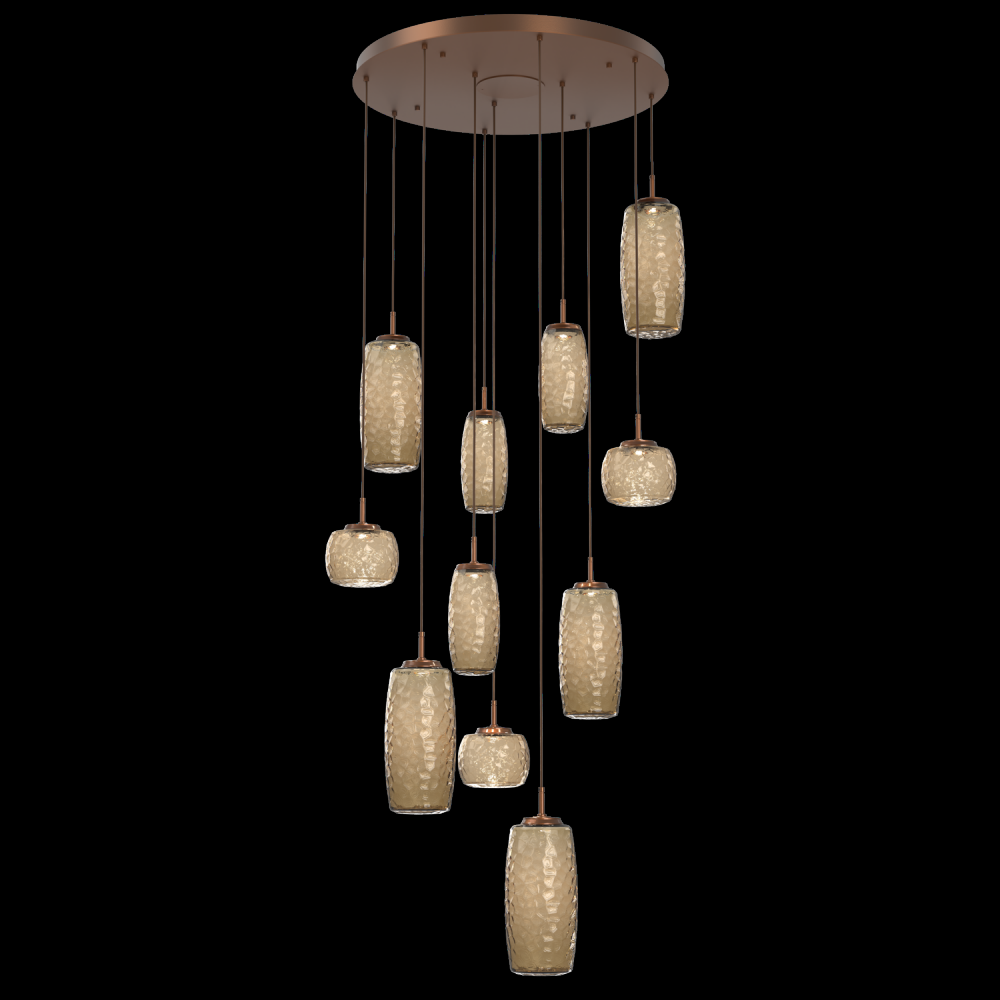 Vessel 11pc Round Multi-Pendant-Burnished Bronze-Bronze Blown Glass-Cloth Braided Cord-LED 3000K