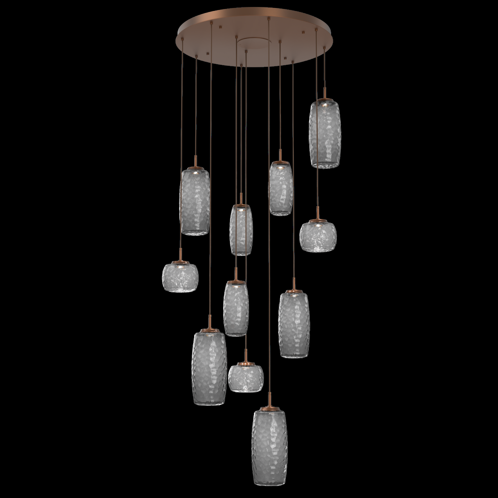 Vessel 11pc Round Multi-Pendant-Burnished Bronze-Smoke Blown Glass-Cloth Braided Cord-LED 2700K