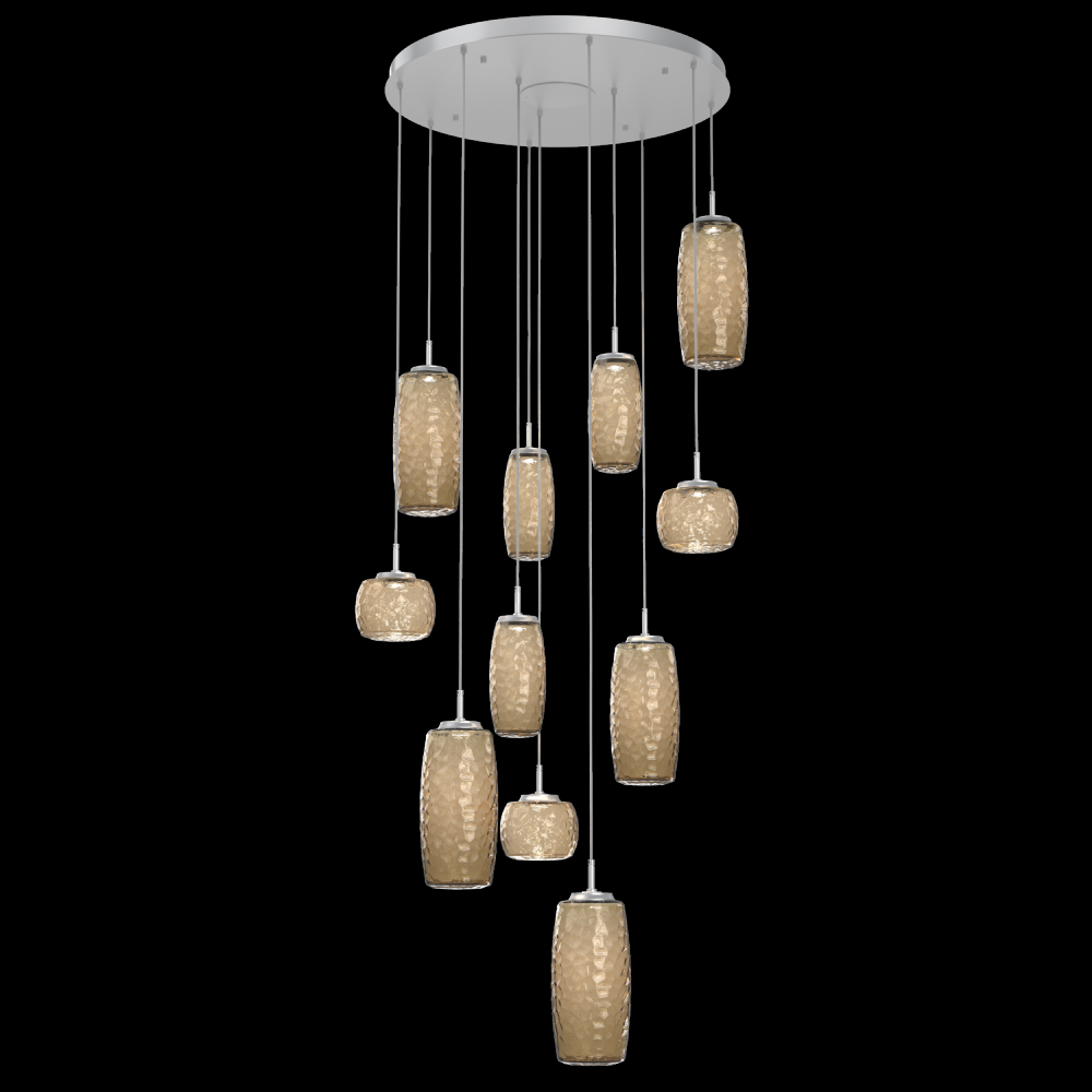 Vessel 11pc Round Multi-Pendant-Classic Silver-Bronze Blown Glass-Cloth Braided Cord-LED 3000K