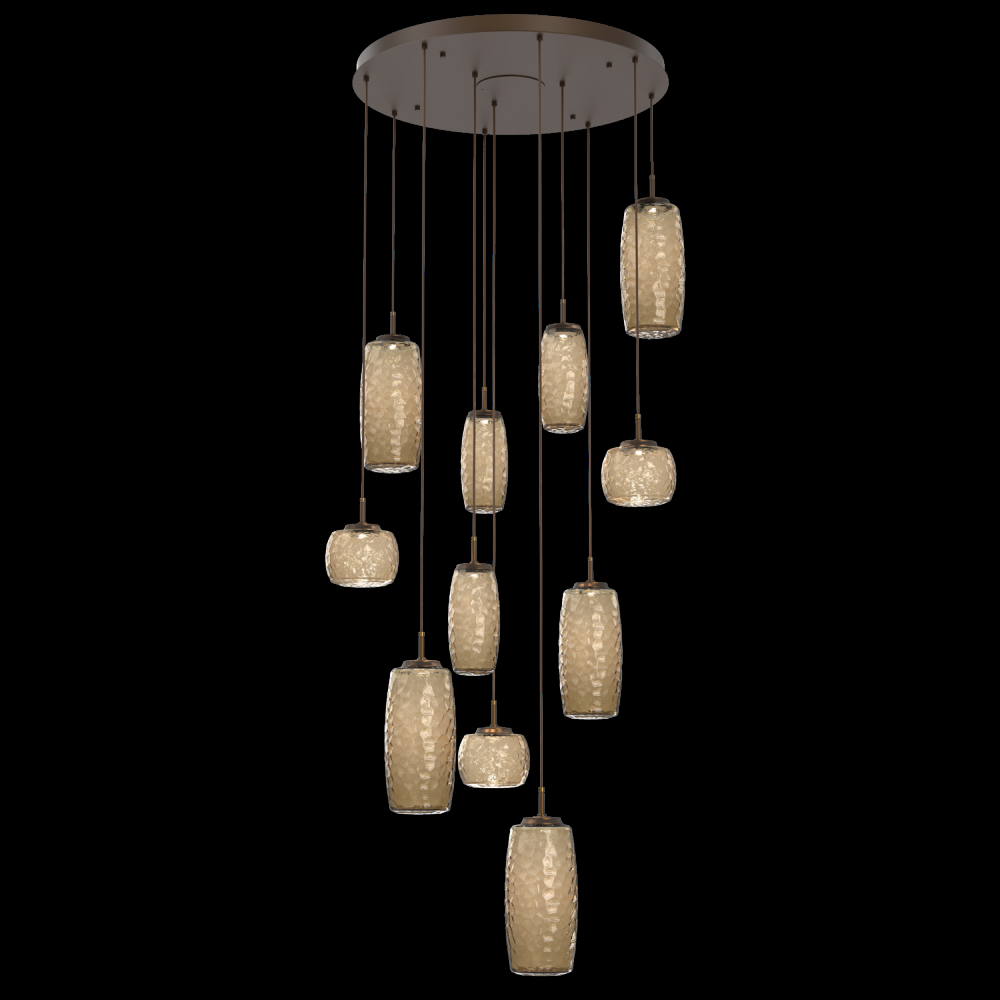 Vessel 11pc Round Multi-Pendant-Flat Bronze-Bronze Blown Glass-Cloth Braided Cord-LED 3000K