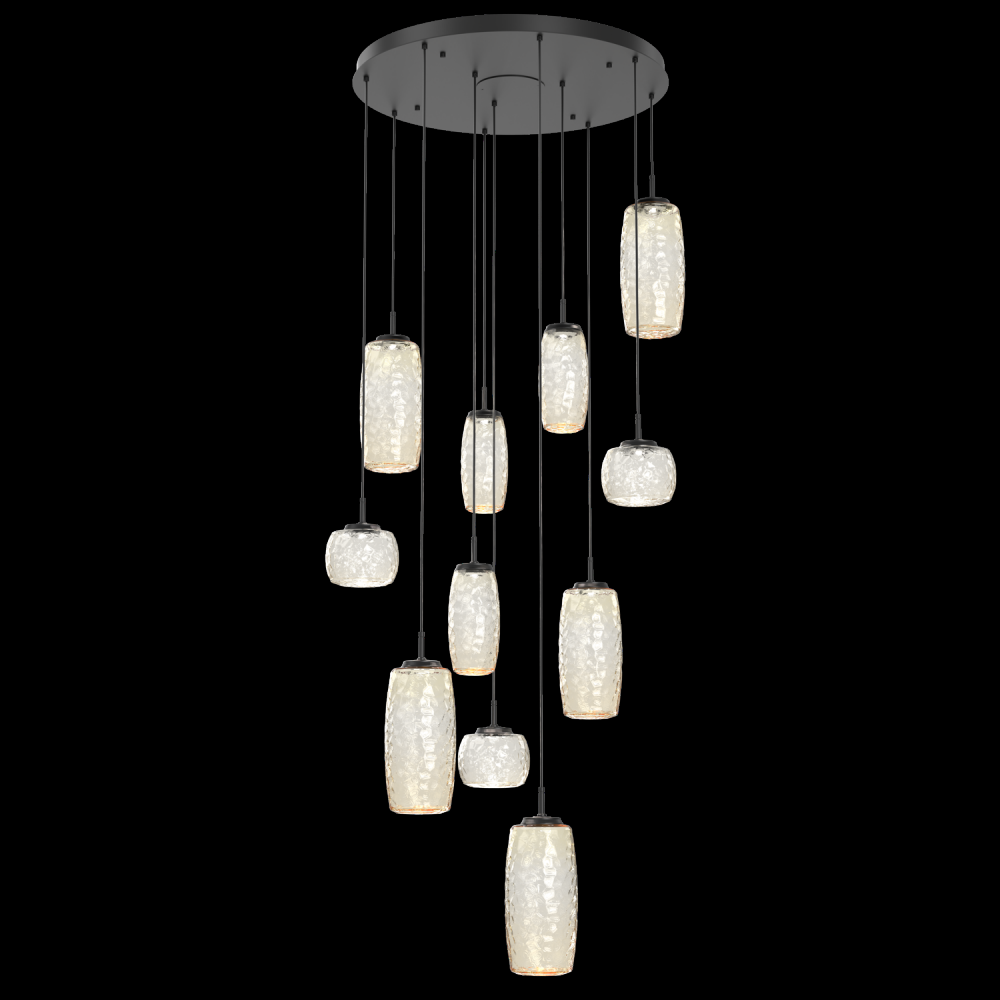 Vessel 11pc Round Multi-Pendant-Matte Black-Amber Blown Glass-Cloth Braided Cord-LED 3000K