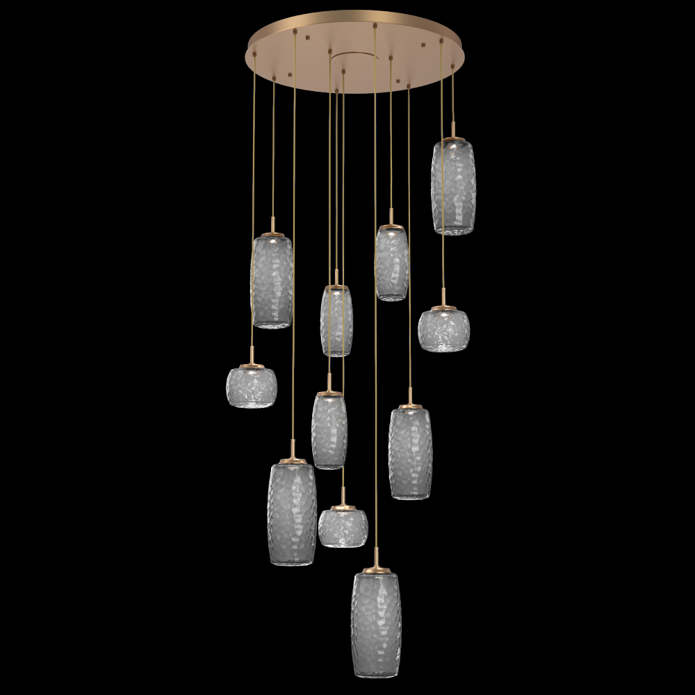 Vessel 11pc Round Multi-Pendant-Novel Brass-Smoke Blown Glass-Cloth Braided Cord-LED 2700K