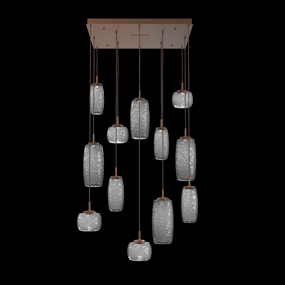 Vessel 12pc Square Multi-Pendant-Burnished Bronze-Smoke Blown Glass-Cloth Braided Cord-LED 3000K