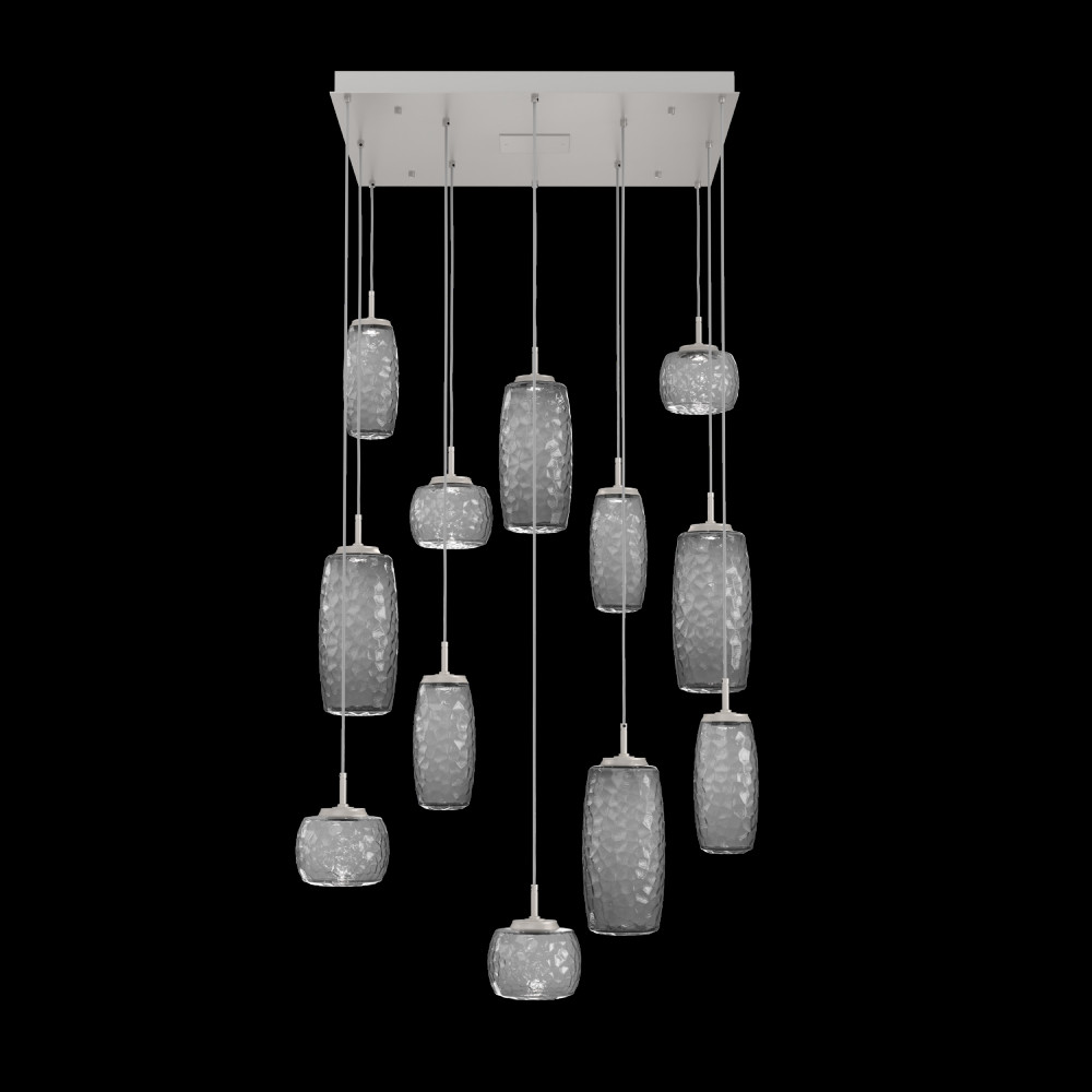 Vessel 12pc Square Multi-Pendant-Beige Silver-Smoke Blown Glass-Cloth Braided Cord-LED 3000K