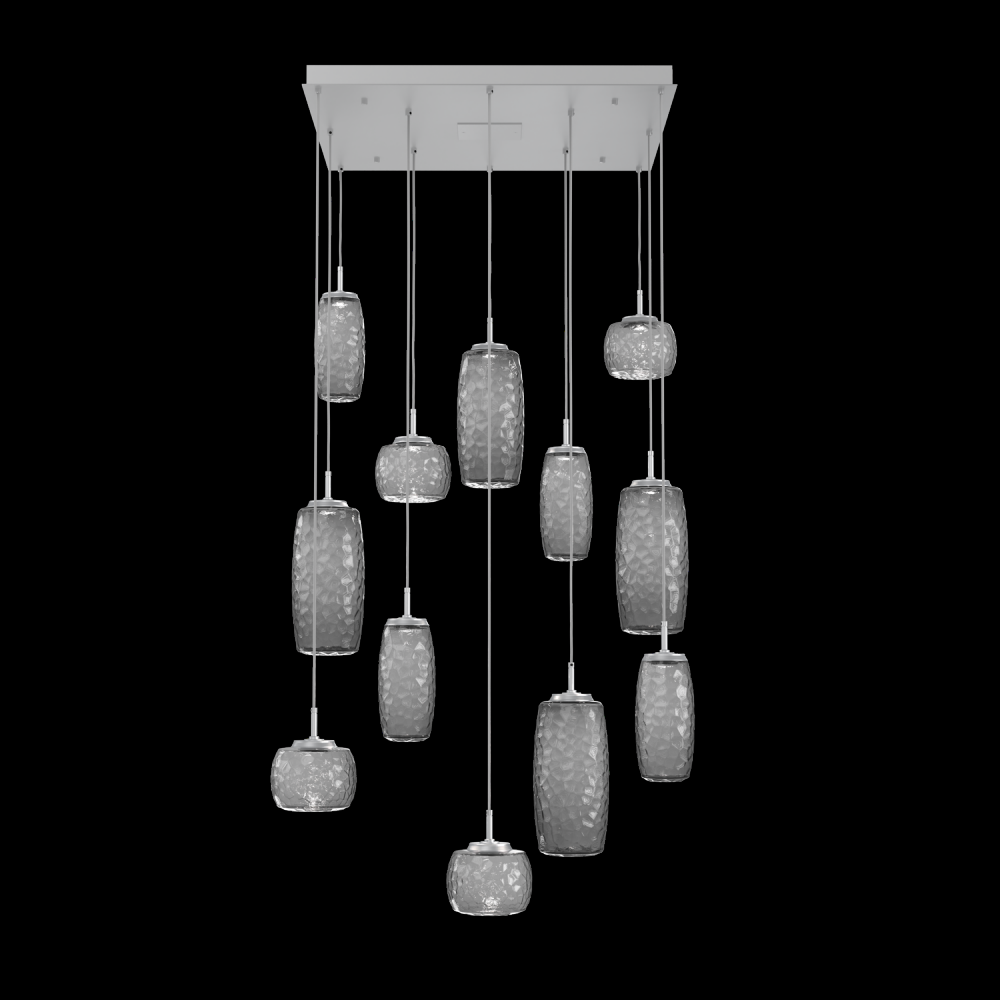 Vessel 12pc Square Multi-Pendant-Classic Silver-Smoke Blown Glass-Cloth Braided Cord-LED 3000K