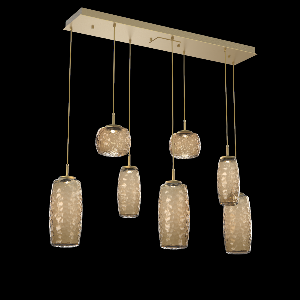 Vessel 7pc Linear Multi-Pendant-Gilded Brass-Bronze Blown Glass-Cloth Braided Cord-LED 2700K