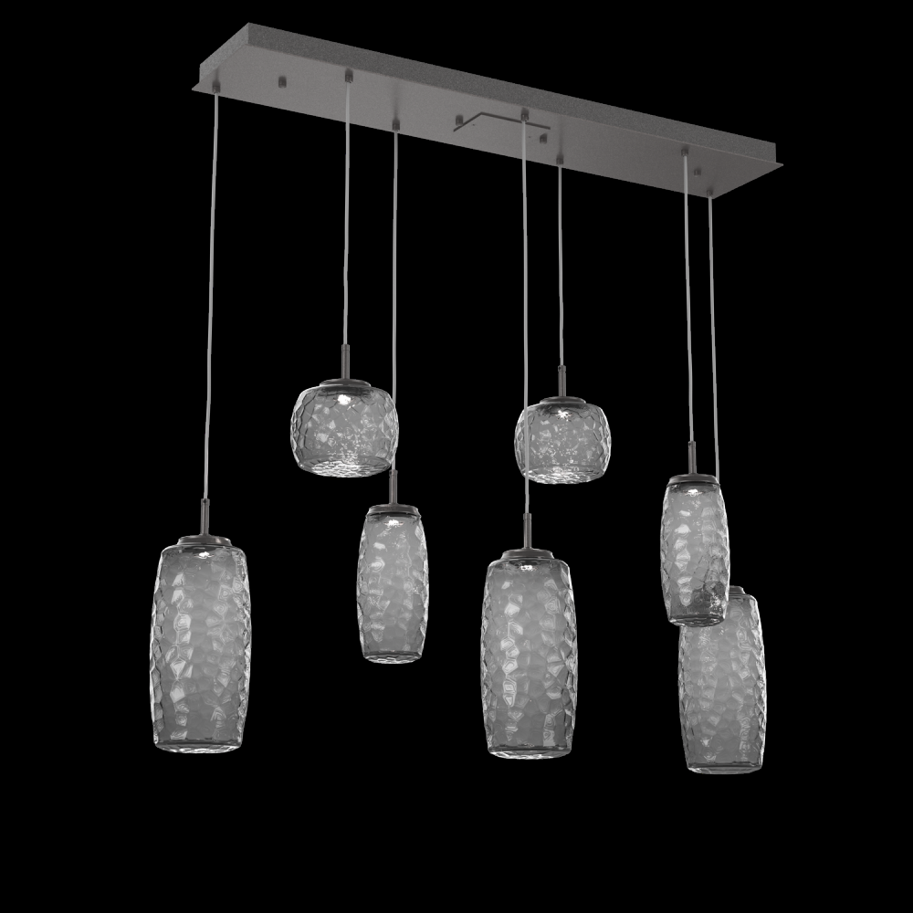 Vessel 7pc Linear Multi-Pendant-Graphite-Smoke Blown Glass-Cloth Braided Cord-LED 2700K