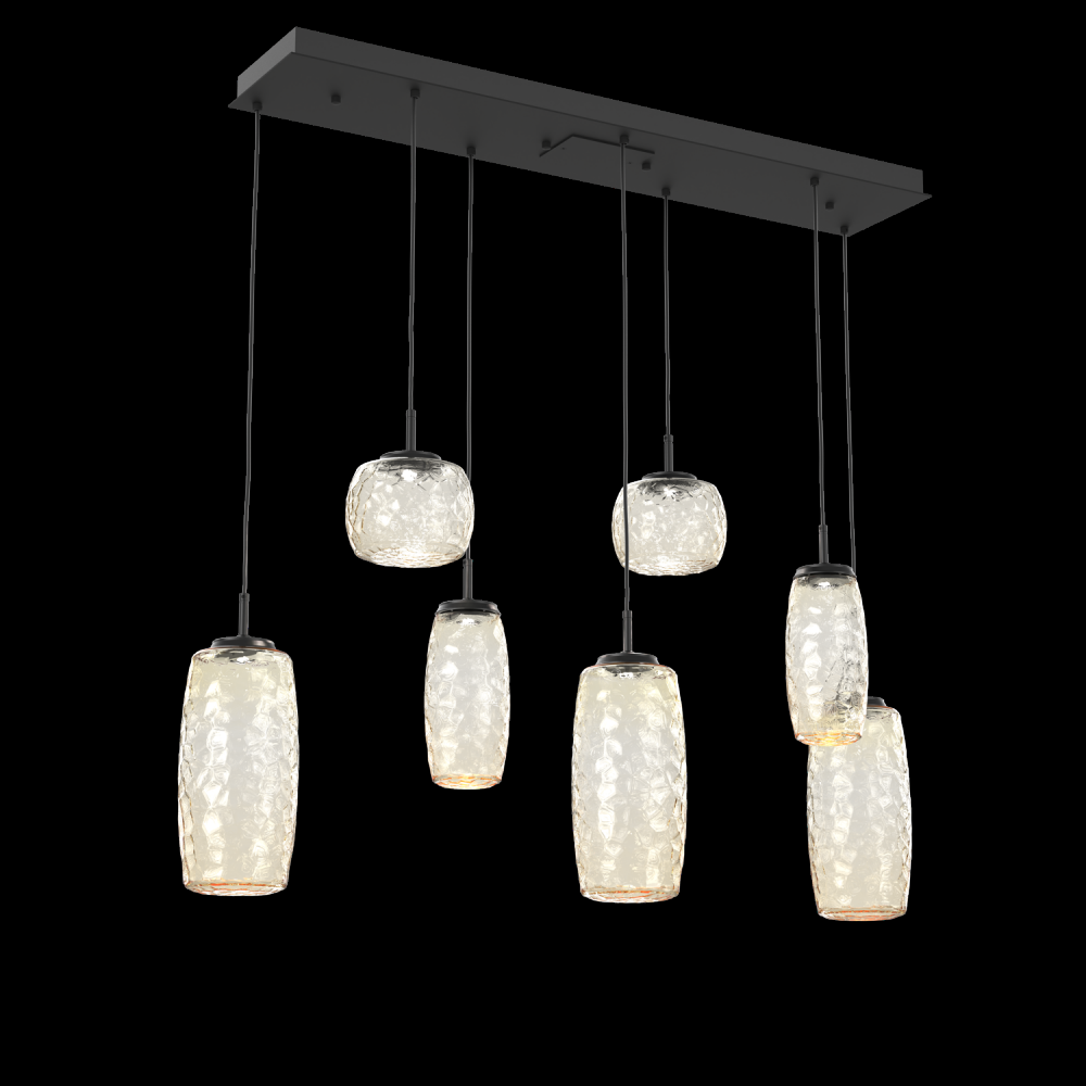 Vessel 7pc Linear Multi-Pendant-Matte Black-Amber Blown Glass-Cloth Braided Cord-LED 2700K