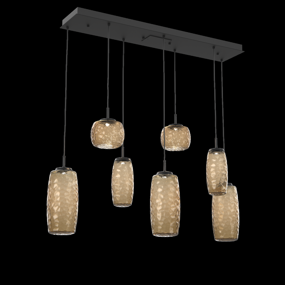 Vessel 7pc Linear Multi-Pendant-Matte Black-Bronze Blown Glass-Cloth Braided Cord-LED 2700K