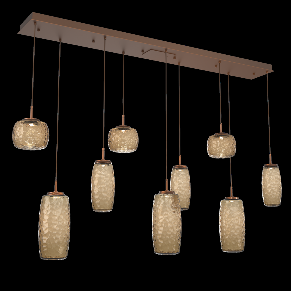 Vessel 9pc Linear Multi-Pendant-Burnished Bronze-Bronze Blown Glass-Cloth Braided Cord-LED 3000K