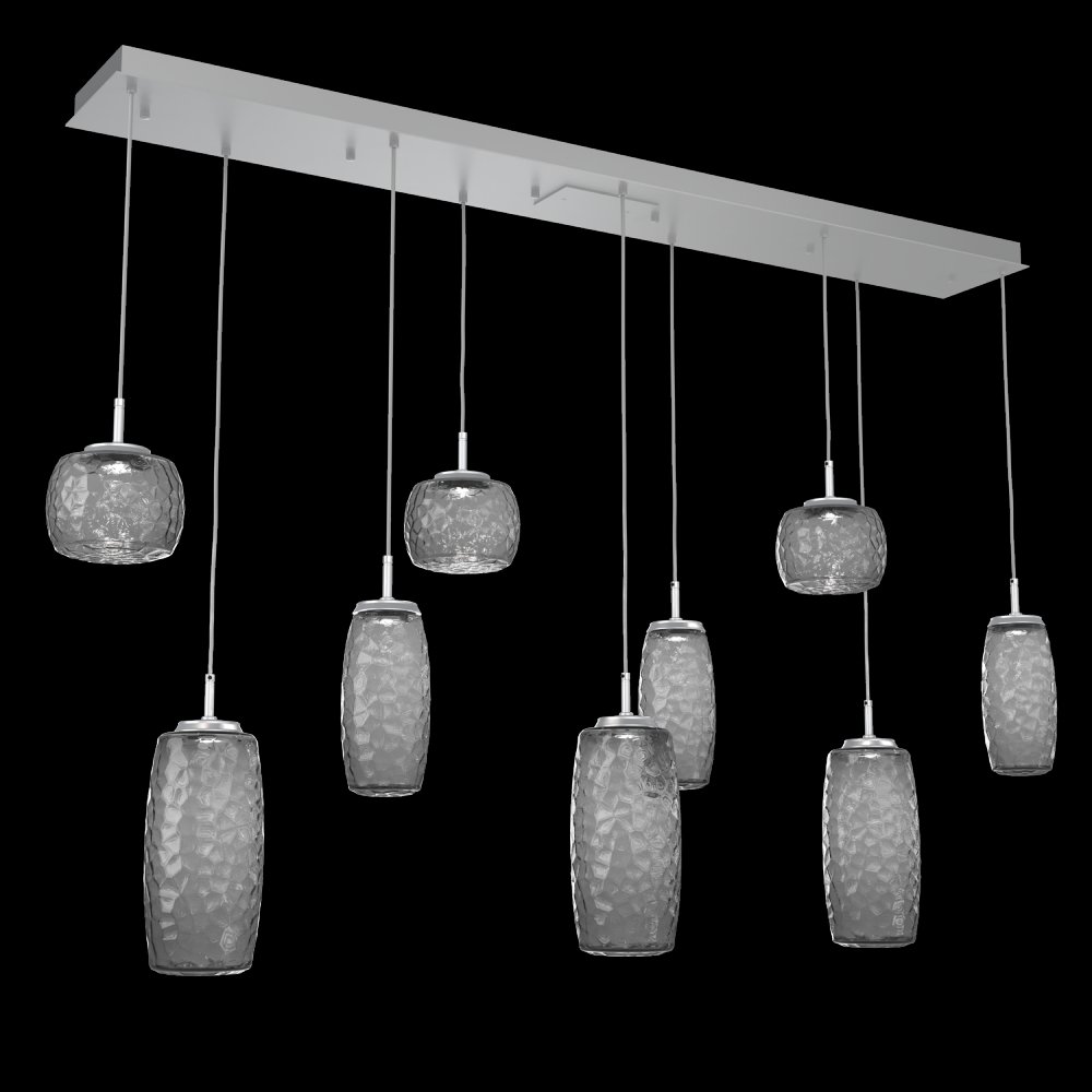 Vessel 9pc Linear Multi-Pendant-Classic Silver-Smoke Blown Glass-Cloth Braided Cord-LED 2700K