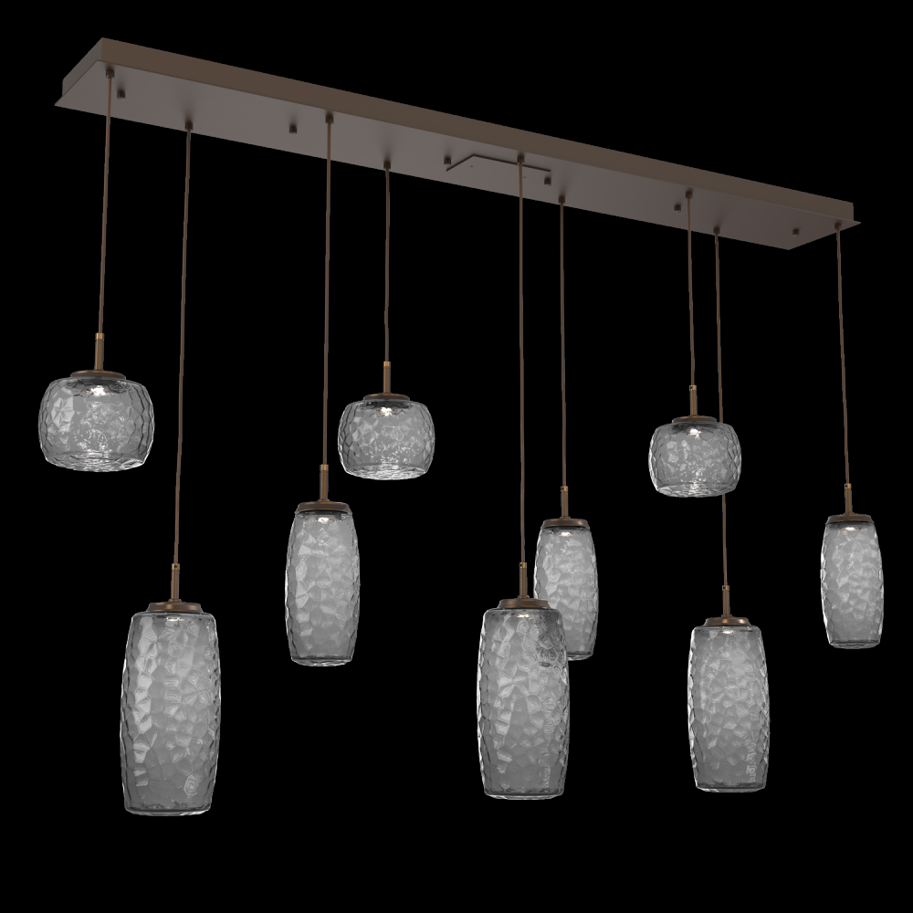 Vessel 9pc Linear Multi-Pendant-Flat Bronze-Smoke Blown Glass-Cloth Braided Cord-LED 2700K