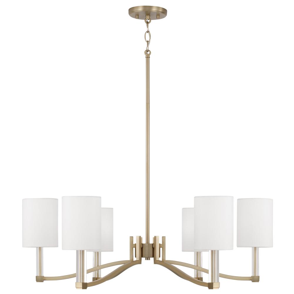 6-Light Chandelier in Matte Brass with Clear Acrylic Accents and Cylindrical White Fabric Shades