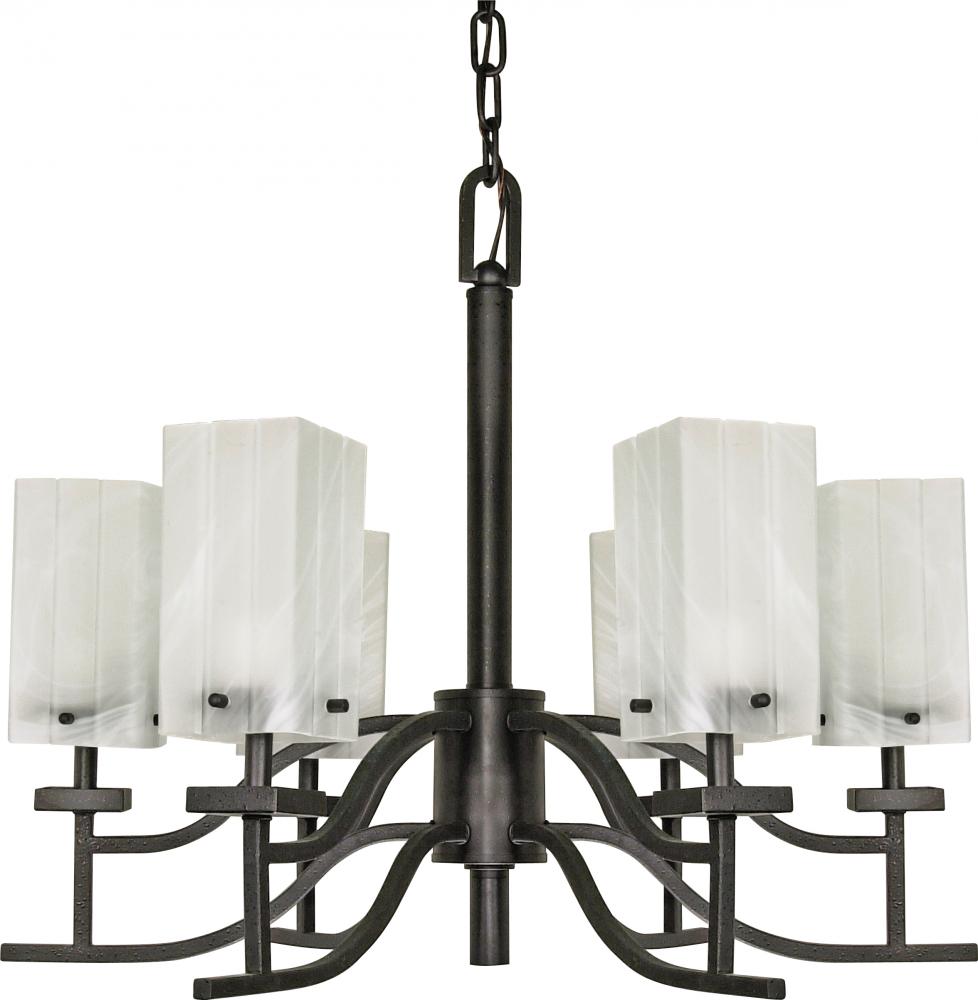 6-Light 26" Textured Black Flush Chandelier with Alabaster Swirl Glass