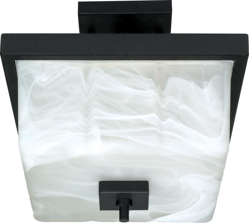 2-Light 12" Textured Black Semi Flush Ceiling Light Fixture with Alabaster Swirl Glass