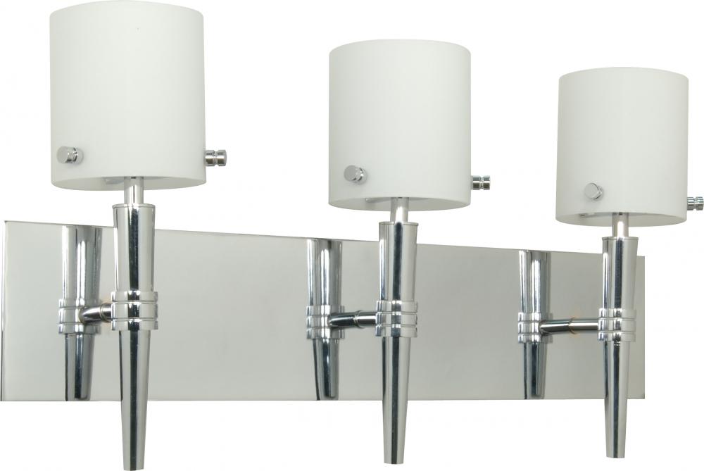 3-Light Wall Mounted Vanity Light Fixture in Polished Chrome with White Opal Glass and (3) Halogen