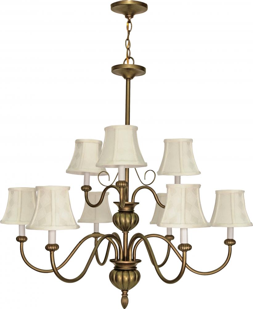 2-Tier 9-Light 34" Flemish Gold Finish Chandelier with Ecru Diamond Shades