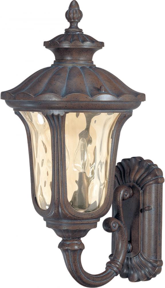 2-Light Medium Outdoor Wall Lantern (Arm Up) in Fruitwood Finish and Amber Water Glass