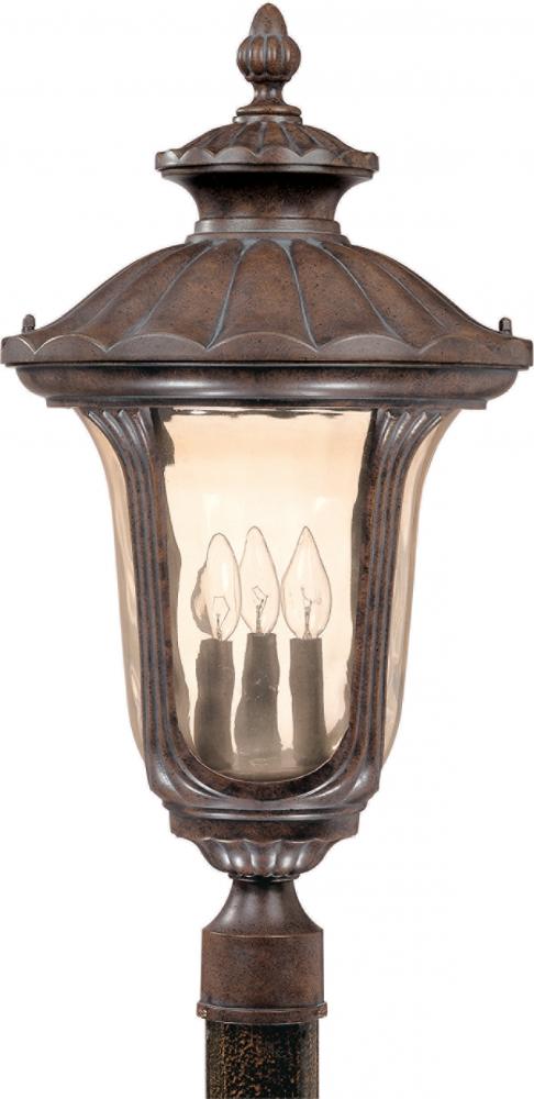 3-Light Large Outdoor Post Lantern in Fruitwood Finish and Amber Water Glass