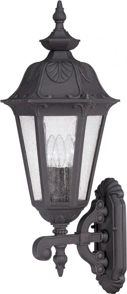 3-Light Large Outdoor Wall Lantern (Arm Up) in Satin Iron Ore Finish and Seeded Mist Glass