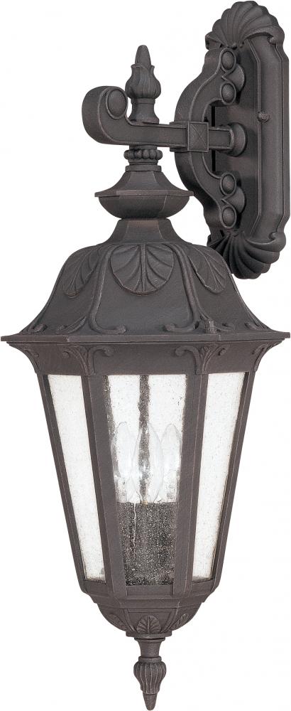 3-Light Large Outdoor Wall Lantern (Arm Down) in Satin Iron Ore Finish and Seeded Mist Glass