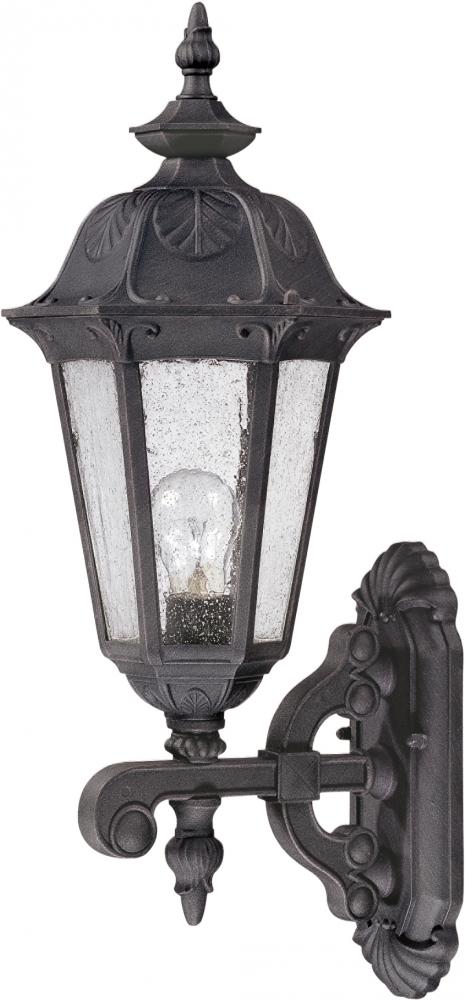 1-Light Medium Outdoor Wall Lantern (Arm Up) in Satin Iron Ore Finish and Seeded Mist Glass