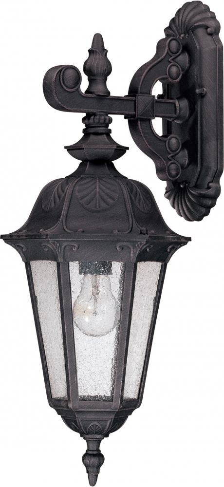 1-Light Medium Outdoor Wall Lantern (Arm Down) in Satin Iron Ore Finish and Seeded Mist Glass