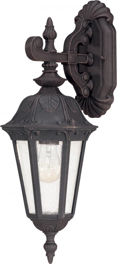 1-Light Small Outdoor Wall Lantern (Arm Down) in Satin Iron Ore Finish and Seeded Mist Glass