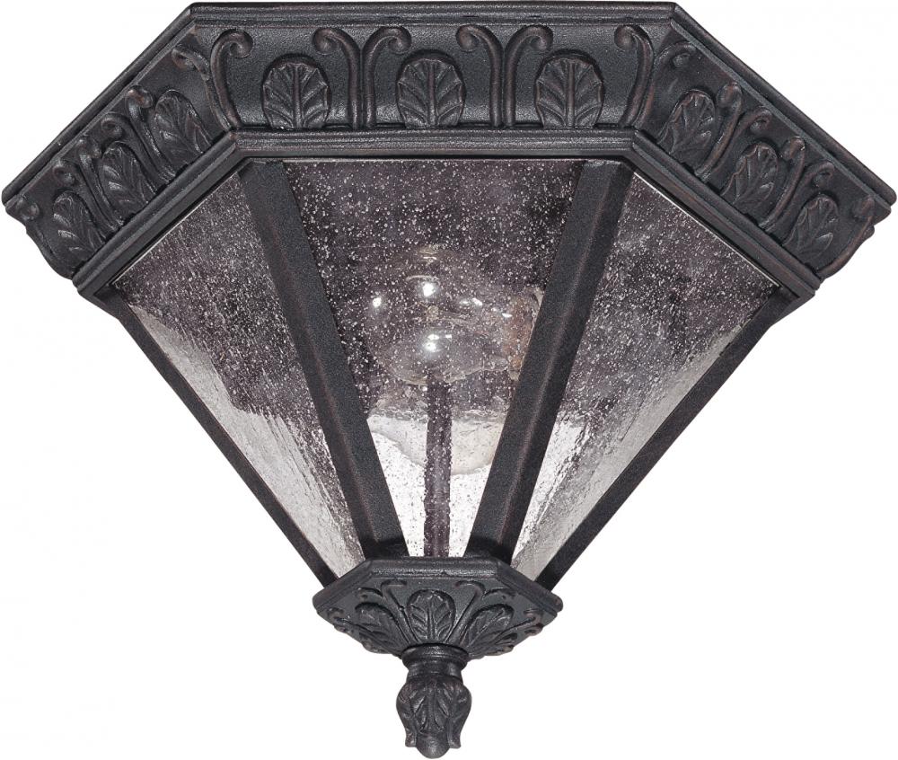 1-Light Flush Mount Outdoor Ceiling Light in Satin Iron Ore Finish and Seeded Mist Glass