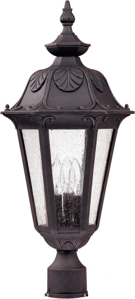 3-Light Large Outdoor Post Lantern in Satin Iron Ore Finish and Seeded Mist Glass