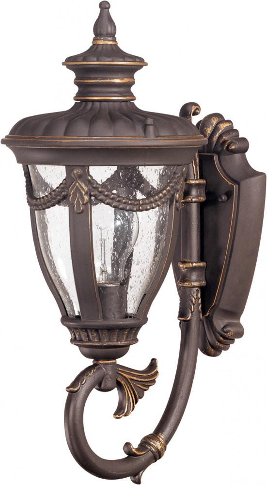 1-Light Small Outdoor Wall Lantern (Arm Up) in Belgium Bronze Finish and Clear Seeded Glass