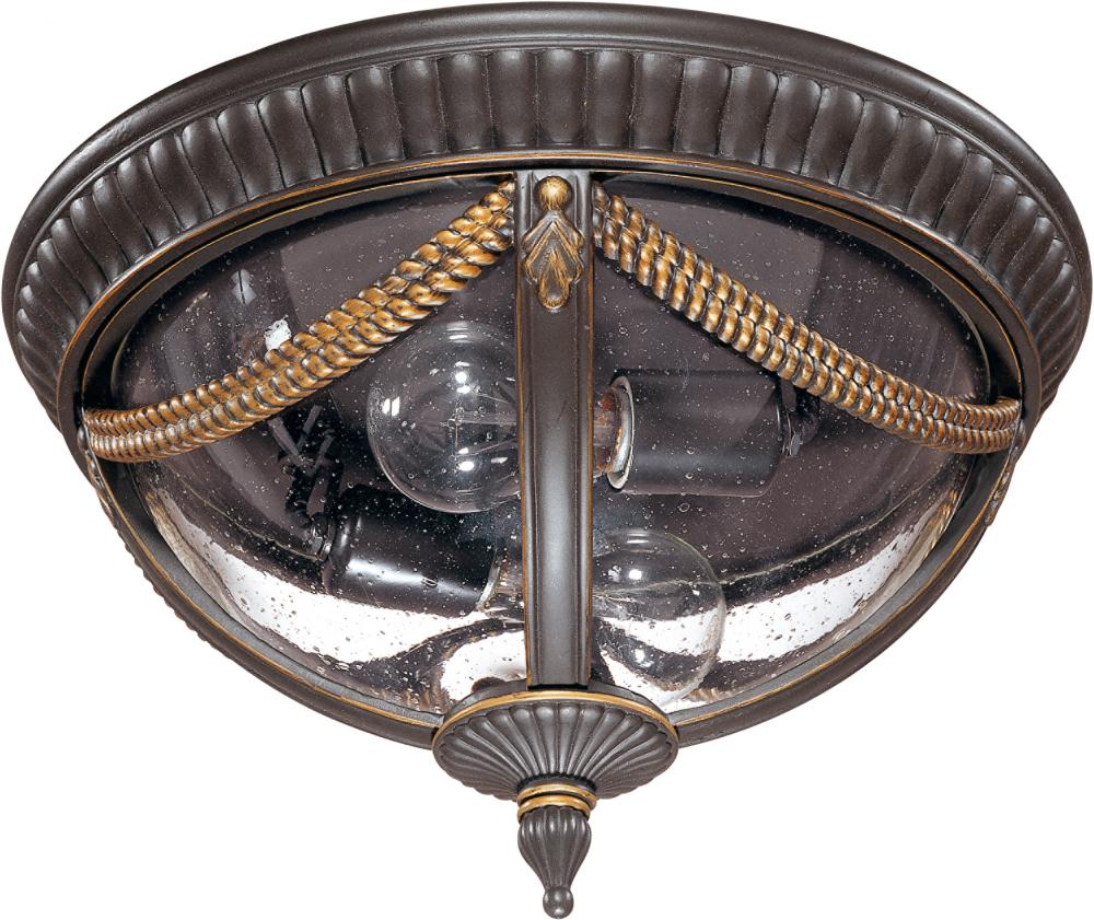 2-Light Flush Mount Outdoor Ceiling Light in Belgium Bronze Finish and Clear Seeded Glass