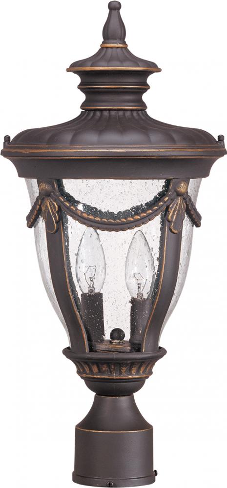 2-Light Medium Outdoor Post Lantern in Belgium Bronze Finish and Clear Seeded Glass