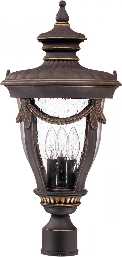 3-Light Large Outdoor Post Lantern in Belgium Bronze Finish and Clear Seeded Glass